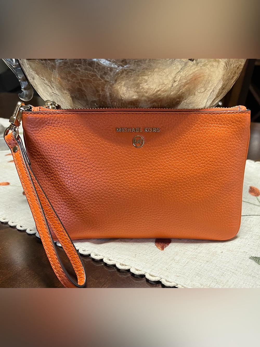 Michael Kors Orange Pebbled Leather Wristlet Clutch